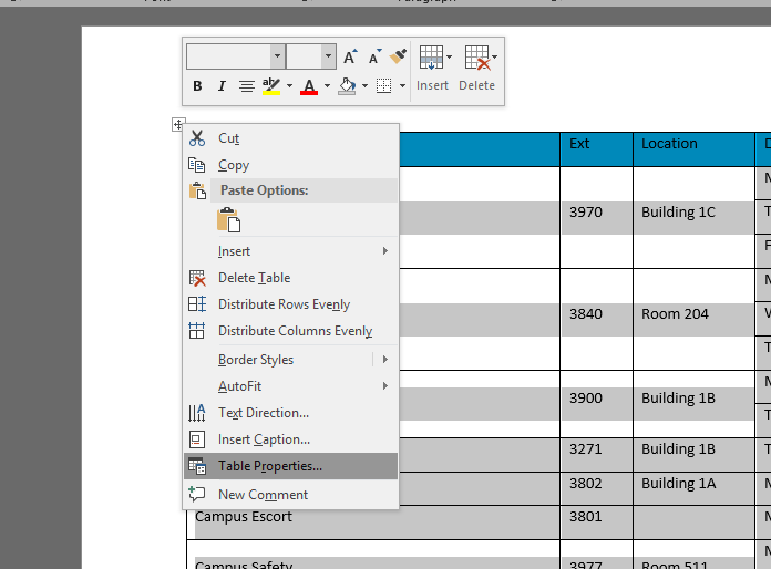 Right-click on table and choose table properties