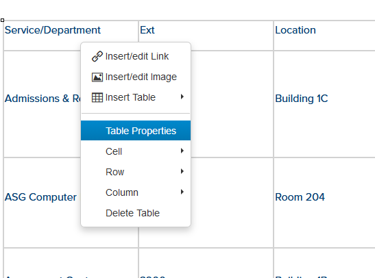 Right-click and choose table properties in OU