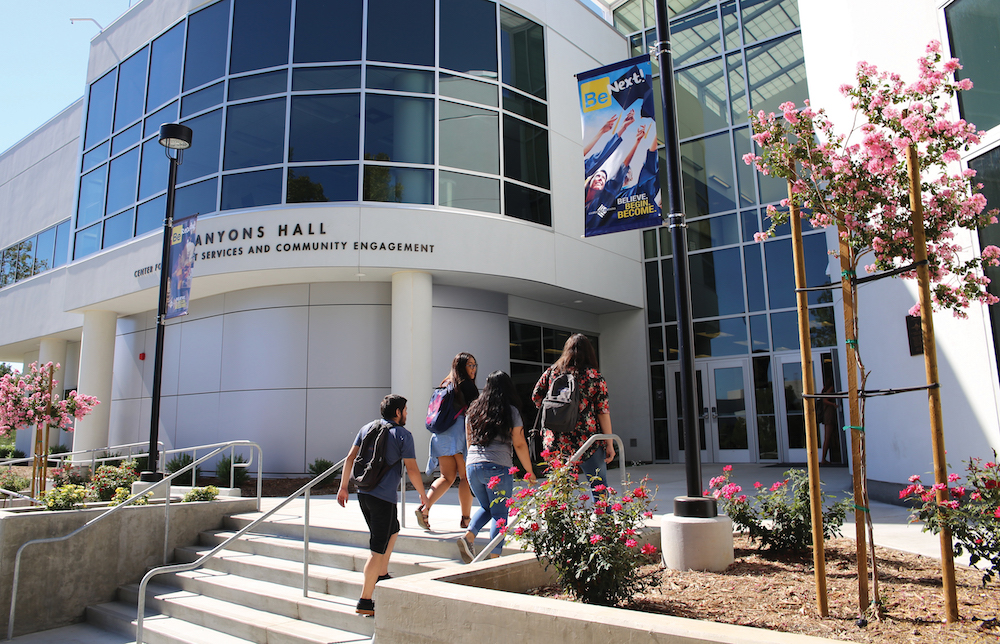 Students climb the steps to Canyons Hall