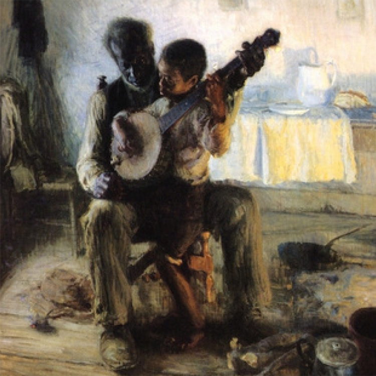 Illustration of man and boy playing stringed instrument