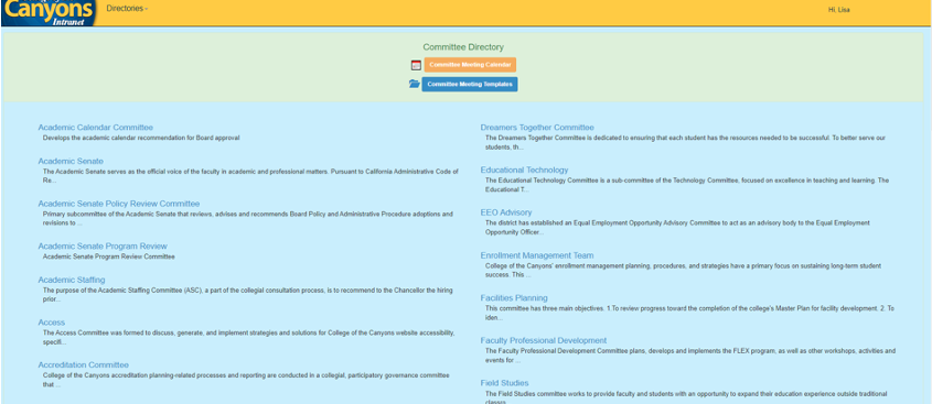 screenshot of committee website