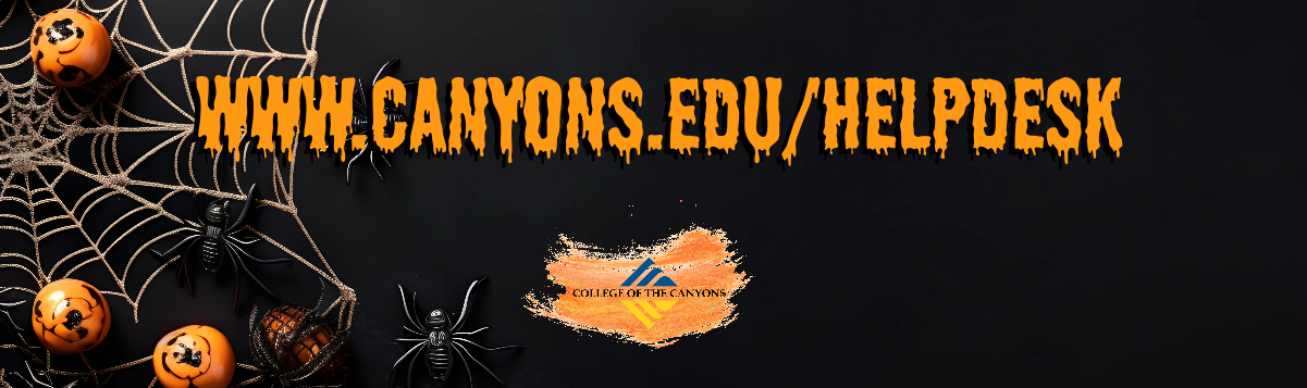 playfull spiders on a web with holloween style font with url to www.canyons.edu/helpdesk