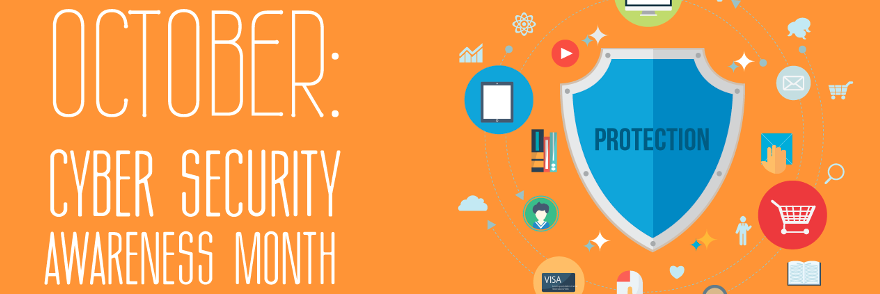 cybersecurity awareness month banner with illustrations of digital devices