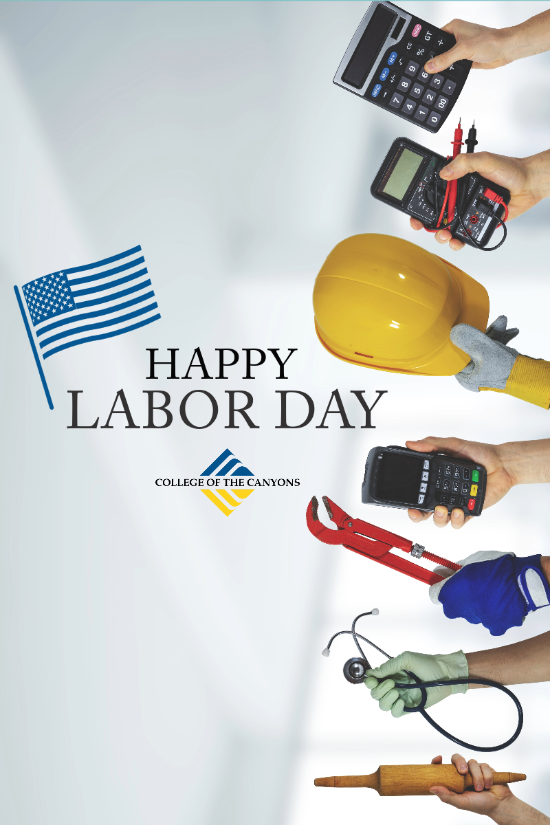 happy labor day graphic with hands holding various tools
