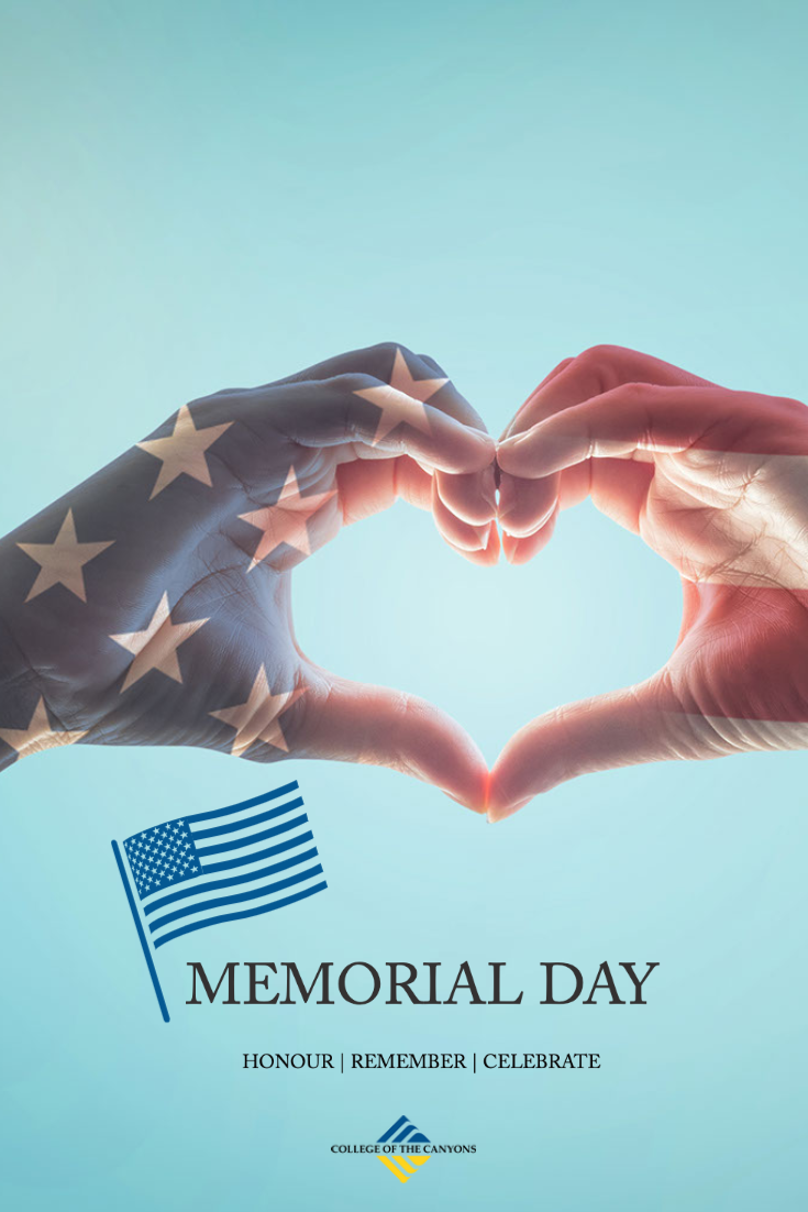 Memorial day image of two hand forming a heart with the american flag projected onto the hands.